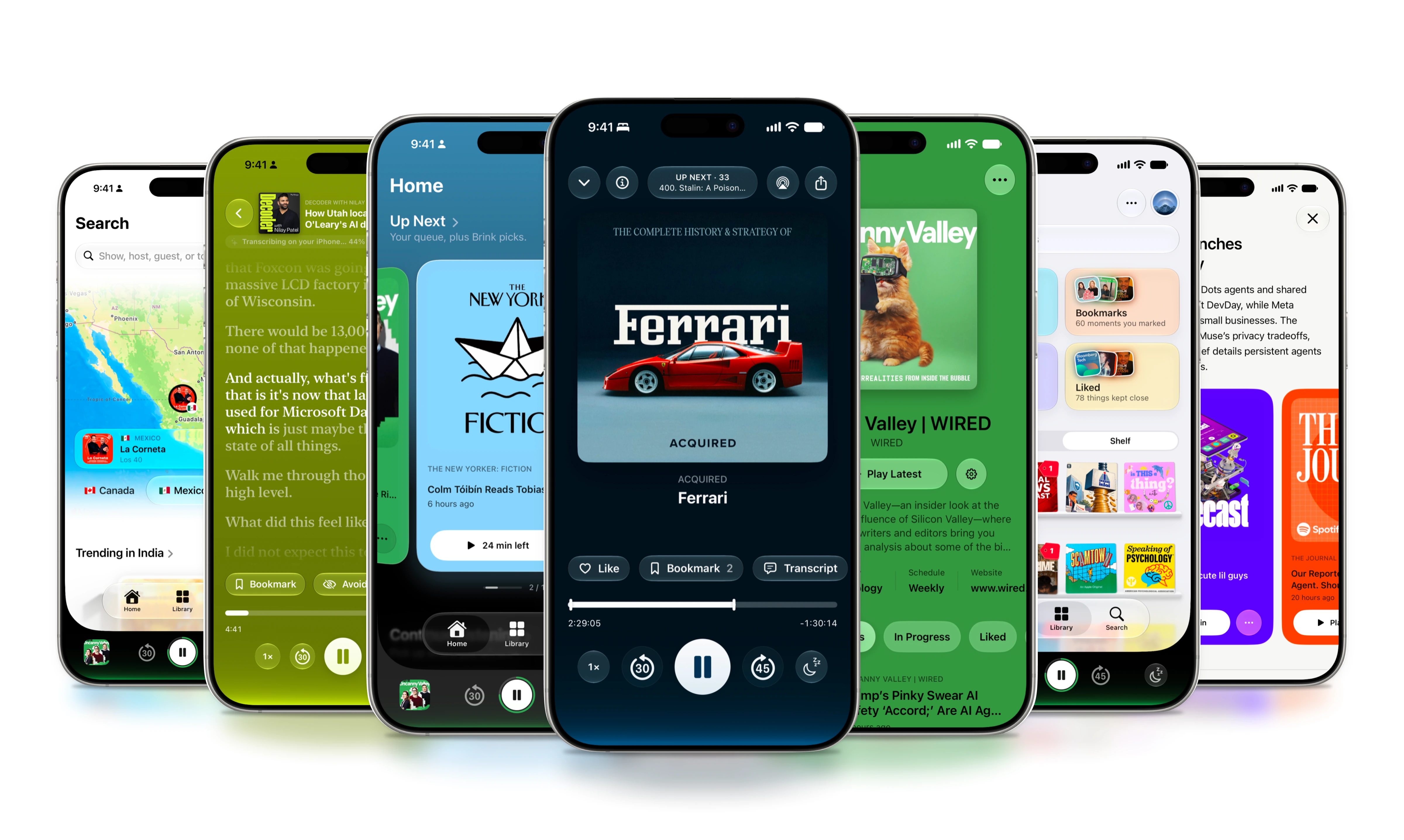 A lineup of iPhones showing podcast discovery, playback, transcripts, and saved listening collections